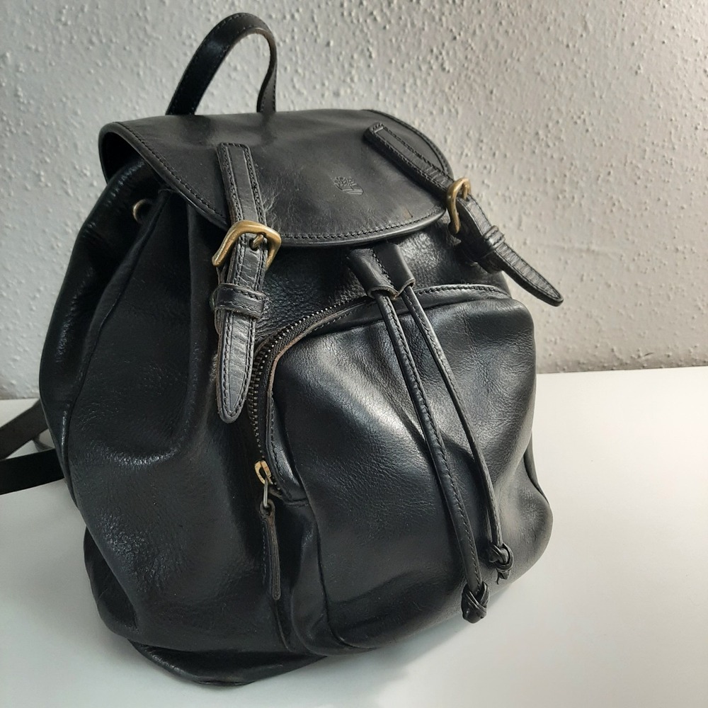 Timberland Black Leather Drawstring Backpack